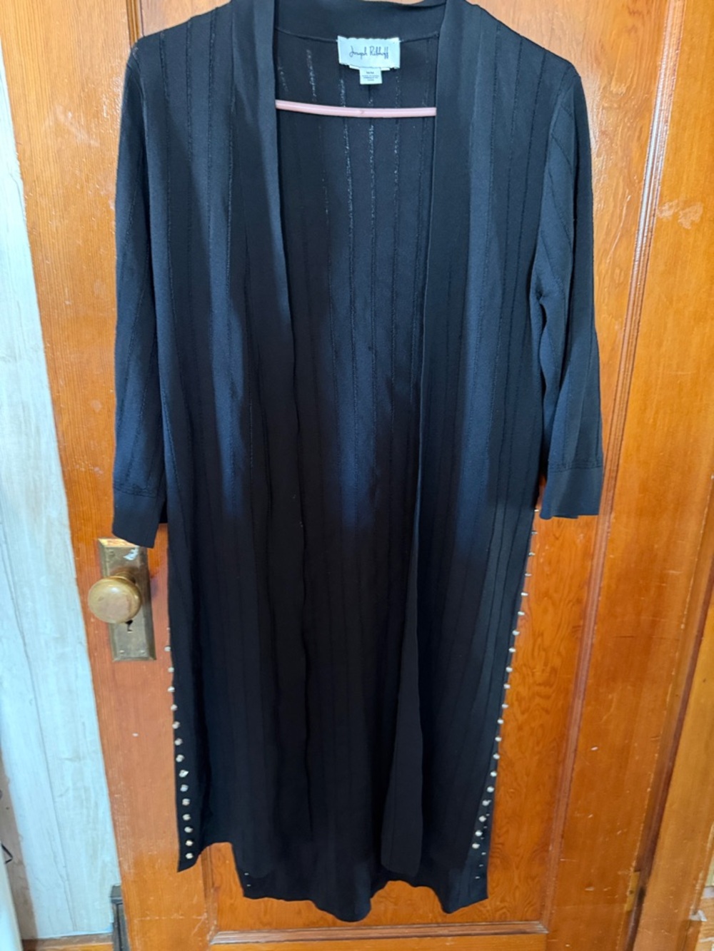 Joseph Ribkoff Long Black Open Cardigan with Side Stud Trim